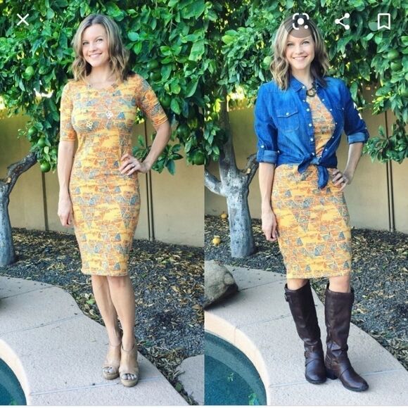 LuLaRoe Julia XS 2/4 Aztec Tribal Print Knee Length Stretch Fitted T-Shirt Dress - Picture 10 of 13